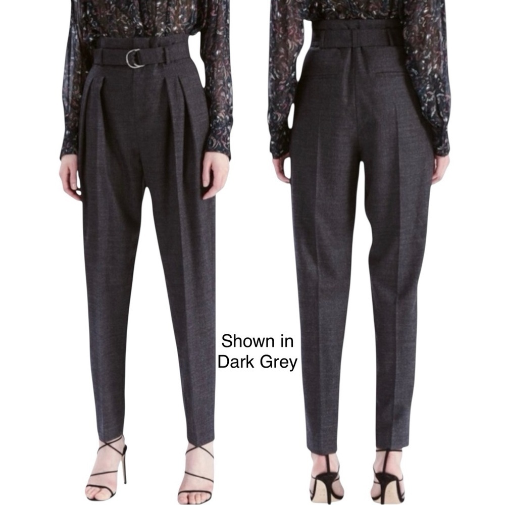 IRO Wool Belted High Waisted Trousers Tapered Straight Leg Pants Grey XS US 2